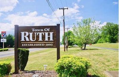 Wooden town sign with grass and a tree in the background that says Town of Ruth, Established 1893